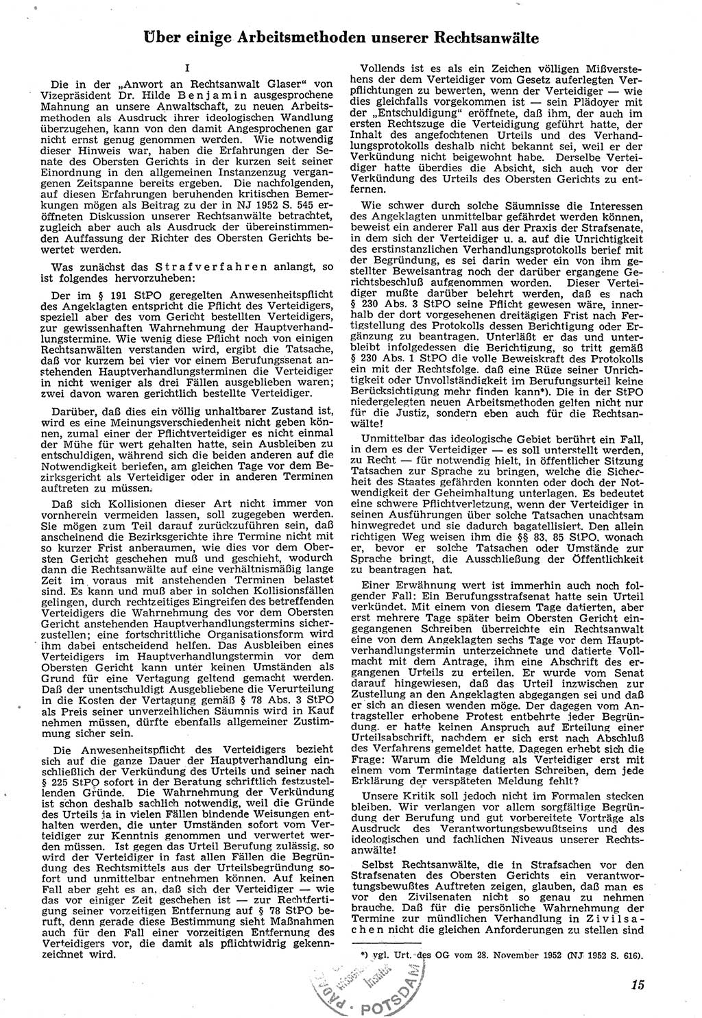 Neue Justiz (NJ), Zeitschrift für Recht und Rechtswissenschaft [Deutsche Demokratische Republik (DDR)], 7. Jahrgang 1953, Seite 15 (NJ DDR 1953, S. 15)