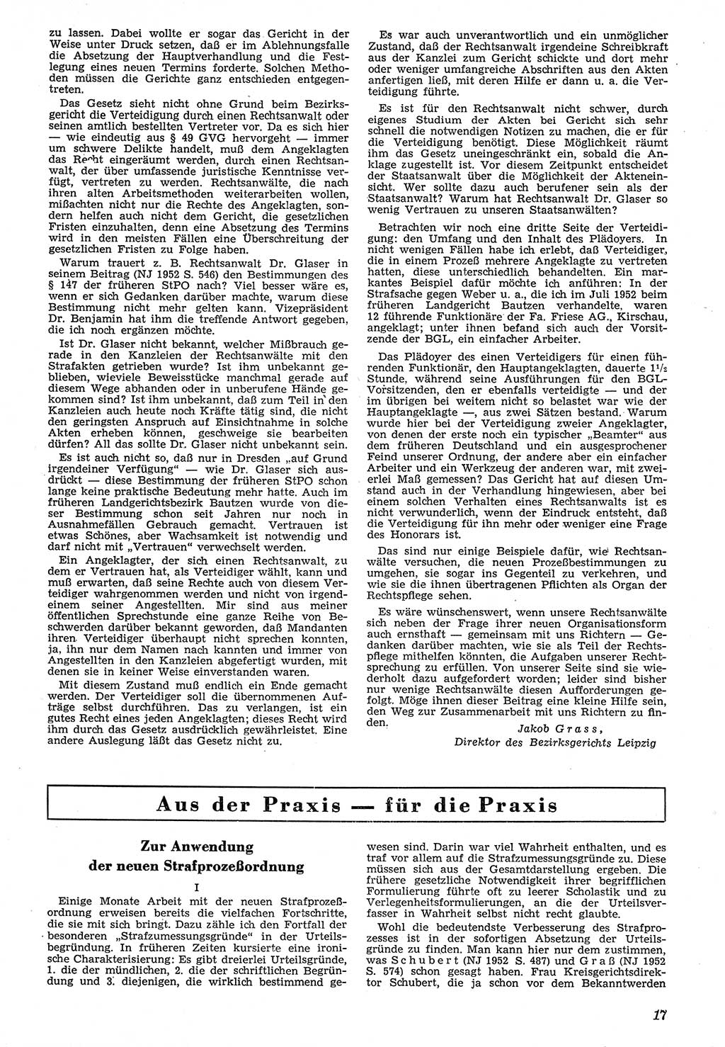 Neue Justiz (NJ), Zeitschrift für Recht und Rechtswissenschaft [Deutsche Demokratische Republik (DDR)], 7. Jahrgang 1953, Seite 17 (NJ DDR 1953, S. 17)