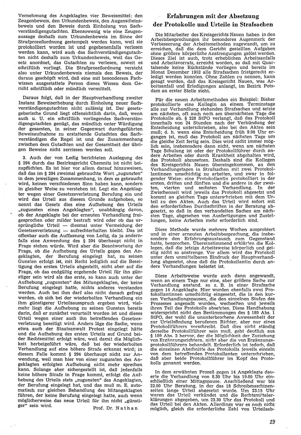 Neue Justiz (NJ), Zeitschrift für Recht und Rechtswissenschaft [Deutsche Demokratische Republik (DDR)], 7. Jahrgang 1953, Seite 19 (NJ DDR 1953, S. 19)