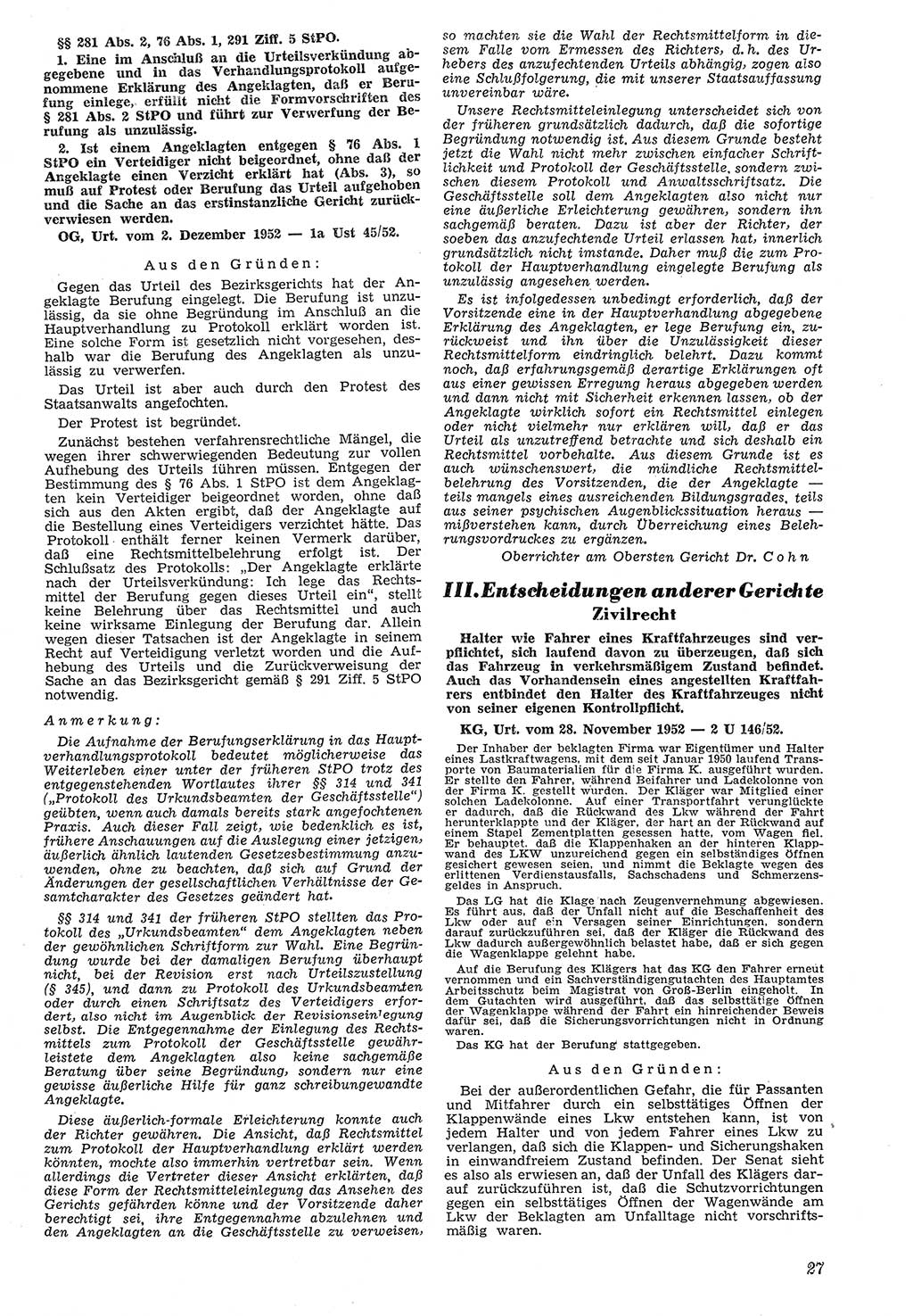 Neue Justiz (NJ), Zeitschrift für Recht und Rechtswissenschaft [Deutsche Demokratische Republik (DDR)], 7. Jahrgang 1953, Seite 27 (NJ DDR 1953, S. 27)