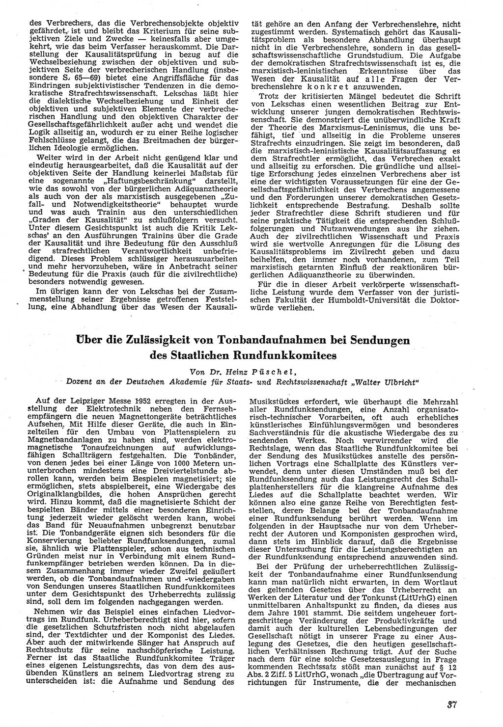 Neue Justiz (NJ), Zeitschrift für Recht und Rechtswissenschaft [Deutsche Demokratische Republik (DDR)], 7. Jahrgang 1953, Seite 37 (NJ DDR 1953, S. 37)