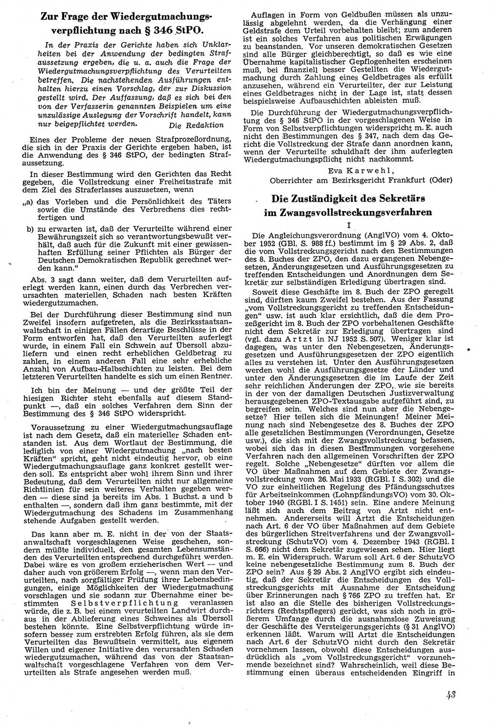 Neue Justiz (NJ), Zeitschrift für Recht und Rechtswissenschaft [Deutsche Demokratische Republik (DDR)], 7. Jahrgang 1953, Seite 43 (NJ DDR 1953, S. 43)