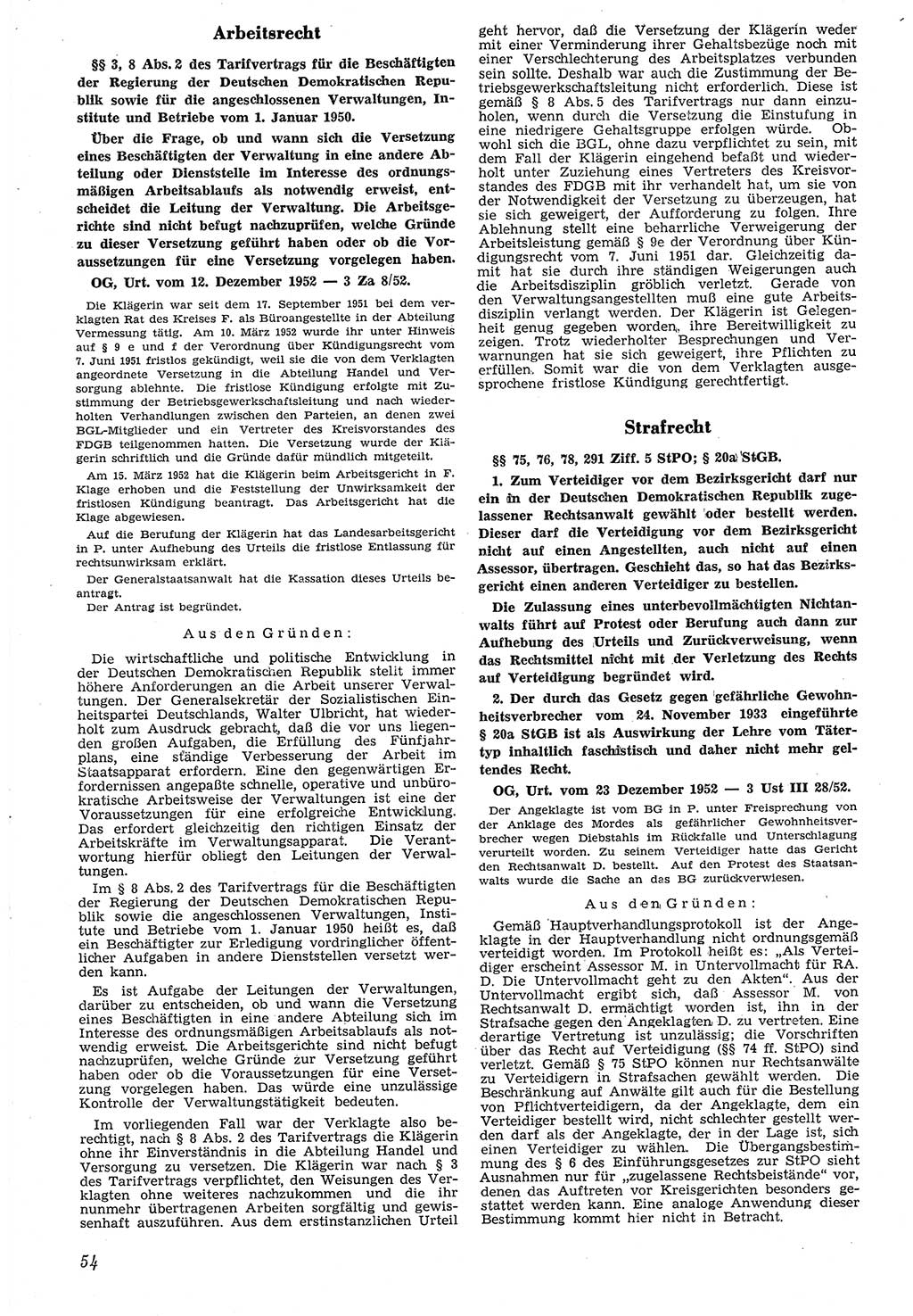 Neue Justiz (NJ), Zeitschrift für Recht und Rechtswissenschaft [Deutsche Demokratische Republik (DDR)], 7. Jahrgang 1953, Seite 54 (NJ DDR 1953, S. 54)