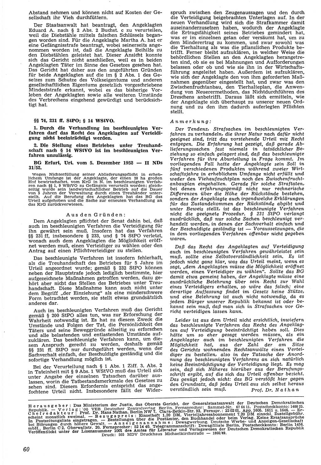 Neue Justiz (NJ), Zeitschrift für Recht und Rechtswissenschaft [Deutsche Demokratische Republik (DDR)], 7. Jahrgang 1953, Seite 60 (NJ DDR 1953, S. 60)