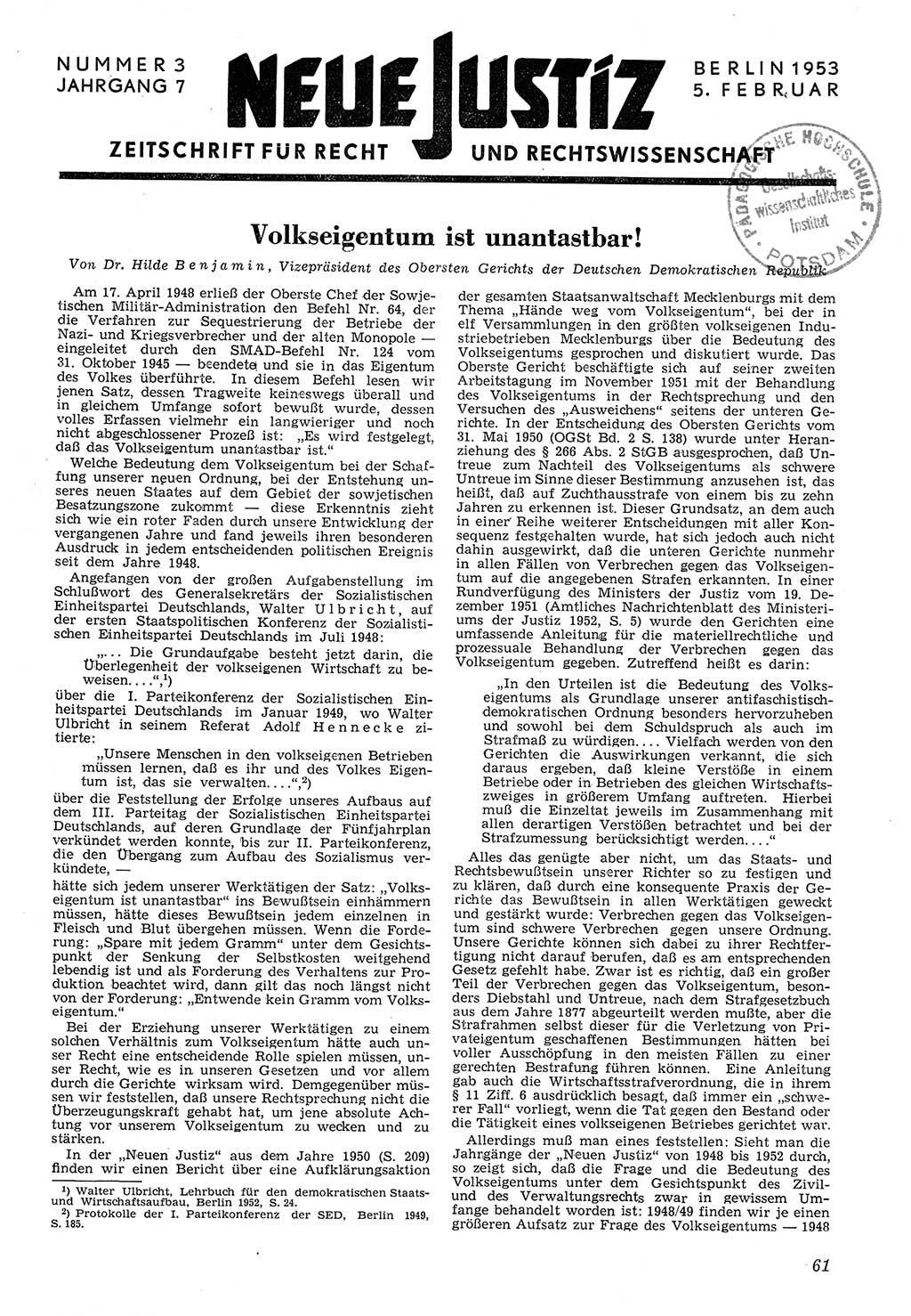 Neue Justiz (NJ), Zeitschrift für Recht und Rechtswissenschaft [Deutsche Demokratische Republik (DDR)], 7. Jahrgang 1953, Seite 61 (NJ DDR 1953, S. 61)