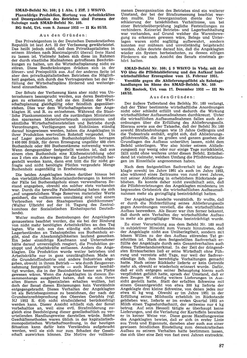 Neue Justiz (NJ), Zeitschrift für Recht und Rechtswissenschaft [Deutsche Demokratische Republik (DDR)], 7. Jahrgang 1953, Seite 87 (NJ DDR 1953, S. 87)