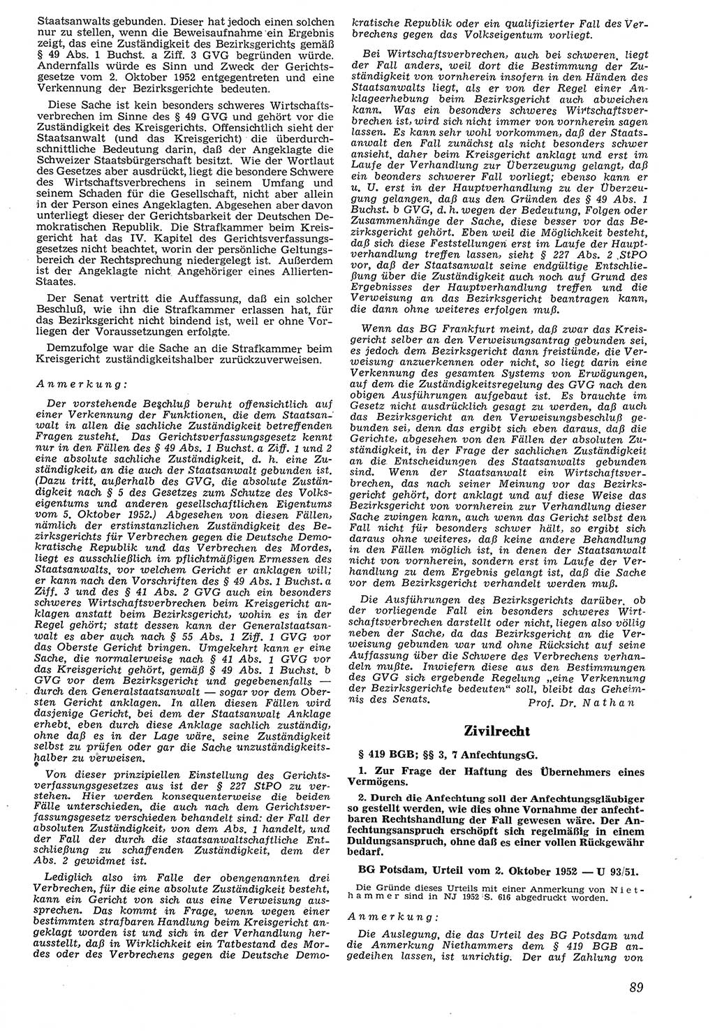 Neue Justiz (NJ), Zeitschrift für Recht und Rechtswissenschaft [Deutsche Demokratische Republik (DDR)], 7. Jahrgang 1953, Seite 89 (NJ DDR 1953, S. 89)