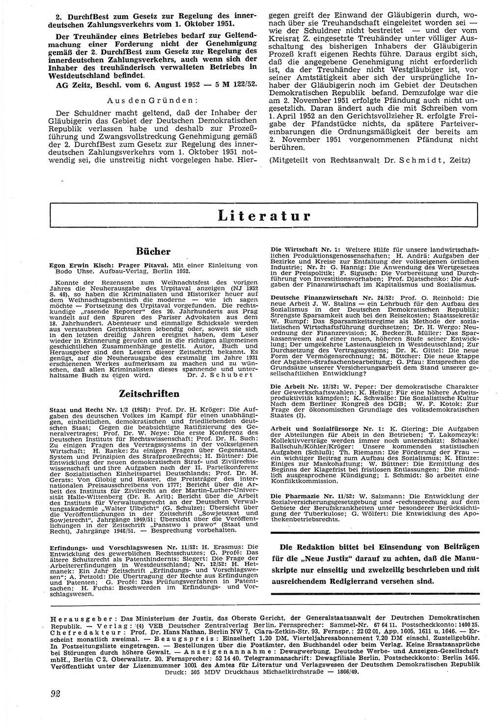 Neue Justiz (NJ), Zeitschrift für Recht und Rechtswissenschaft [Deutsche Demokratische Republik (DDR)], 7. Jahrgang 1953, Seite 92 (NJ DDR 1953, S. 92)