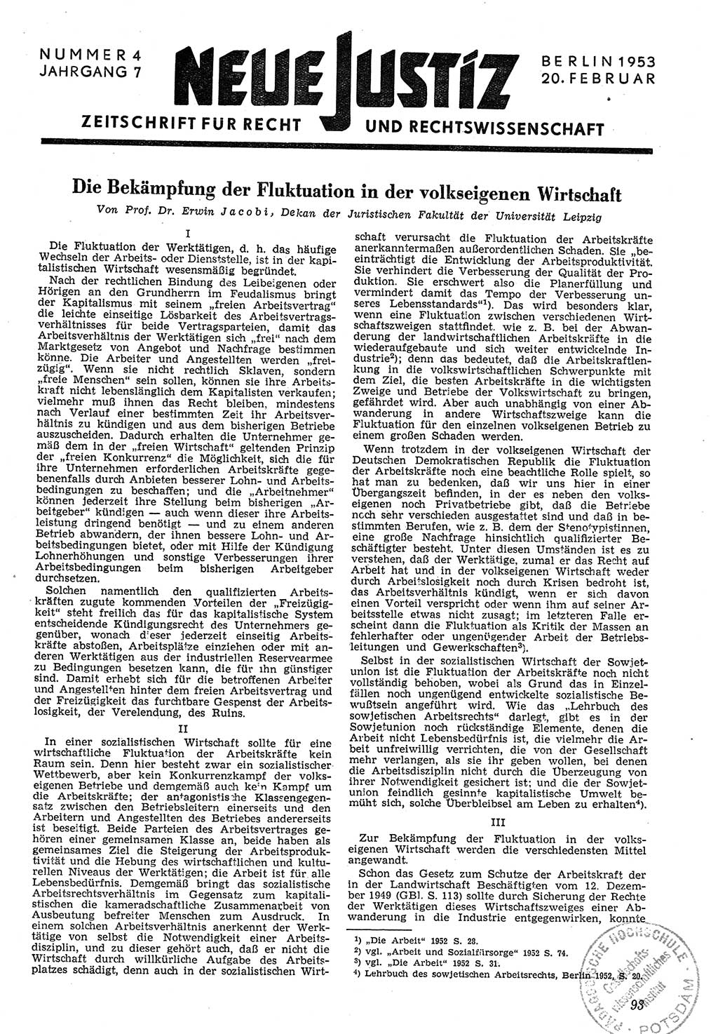 Neue Justiz (NJ), Zeitschrift für Recht und Rechtswissenschaft [Deutsche Demokratische Republik (DDR)], 7. Jahrgang 1953, Seite 93 (NJ DDR 1953, S. 93)