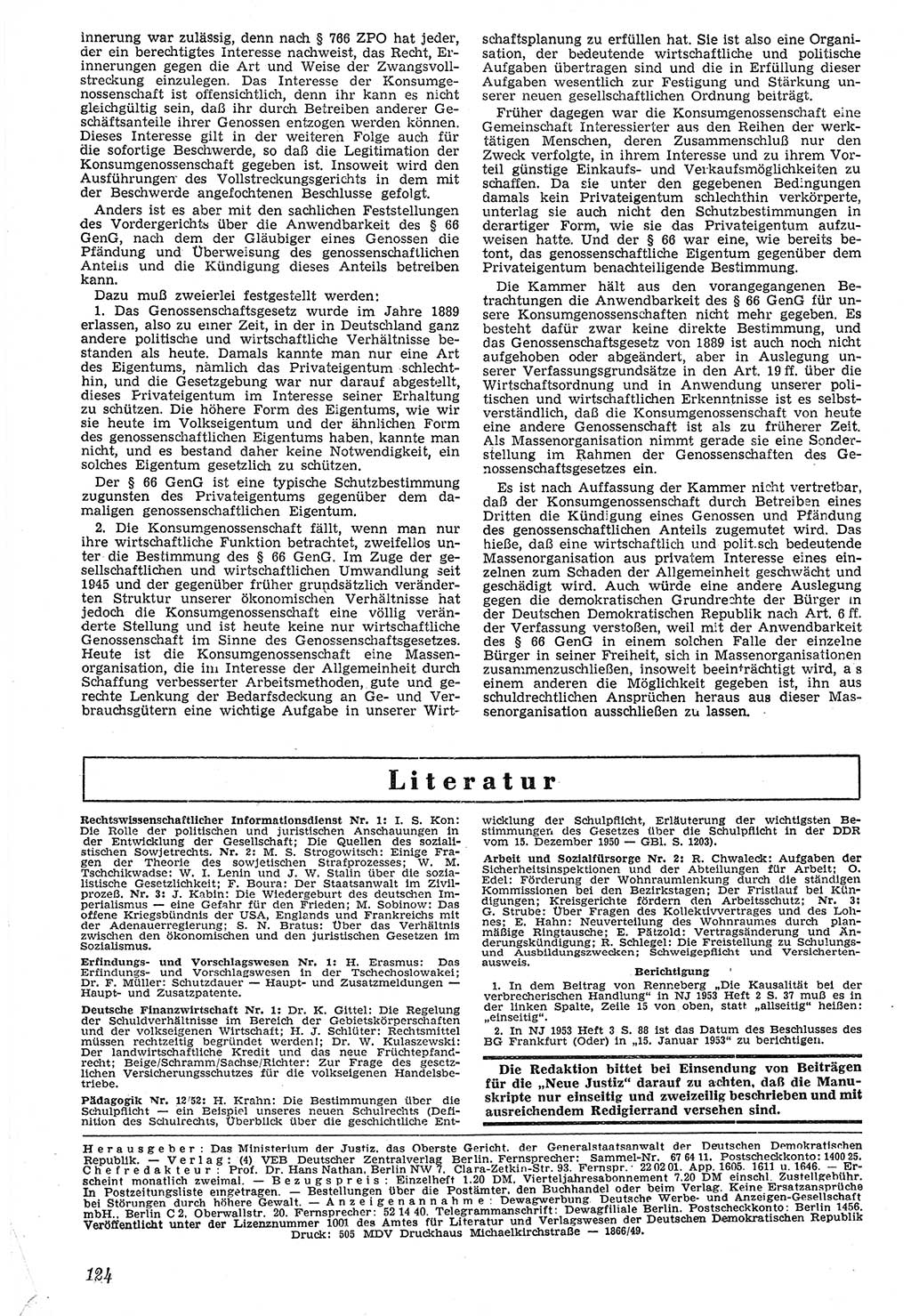 Neue Justiz (NJ), Zeitschrift für Recht und Rechtswissenschaft [Deutsche Demokratische Republik (DDR)], 7. Jahrgang 1953, Seite 124 (NJ DDR 1953, S. 124)