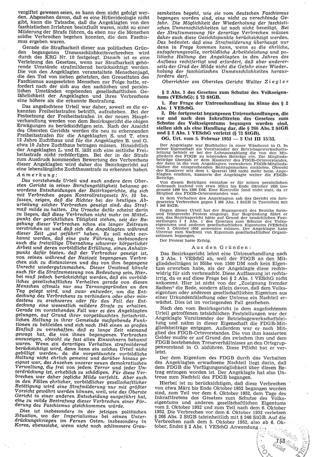 Neue Justiz (NJ), Zeitschrift für Recht und Rechtswissenschaft [Deutsche Demokratische Republik (DDR)], 7. Jahrgang 1953, Seite 143 (NJ DDR 1953, S. 143)
