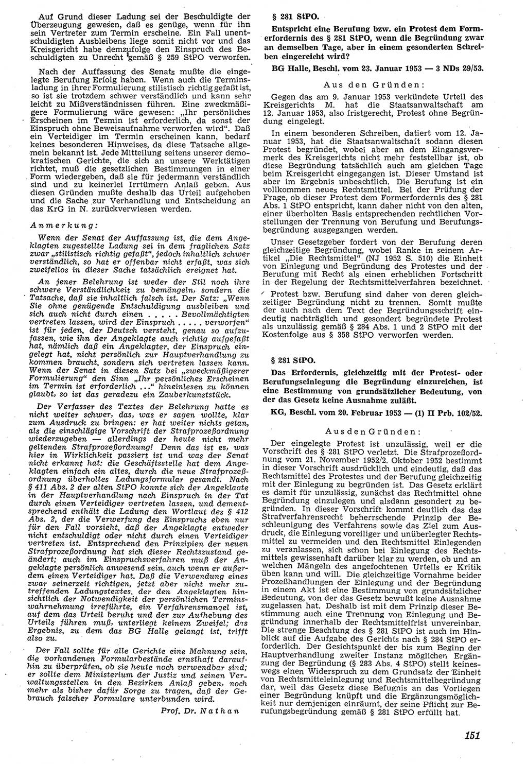 Neue Justiz (NJ), Zeitschrift für Recht und Rechtswissenschaft [Deutsche Demokratische Republik (DDR)], 7. Jahrgang 1953, Seite 151 (NJ DDR 1953, S. 151)
