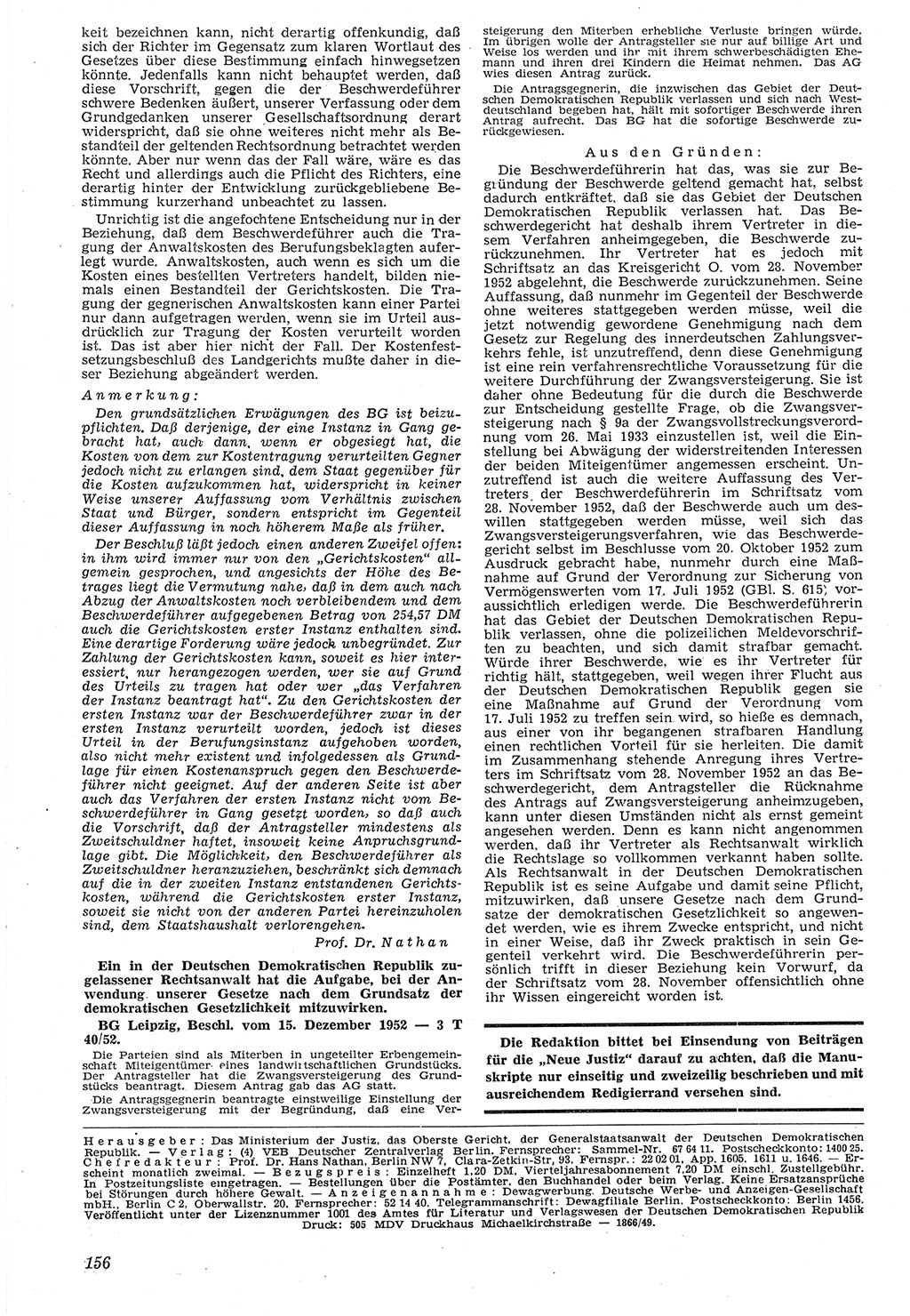 Neue Justiz (NJ), Zeitschrift für Recht und Rechtswissenschaft [Deutsche Demokratische Republik (DDR)], 7. Jahrgang 1953, Seite 156 (NJ DDR 1953, S. 156)