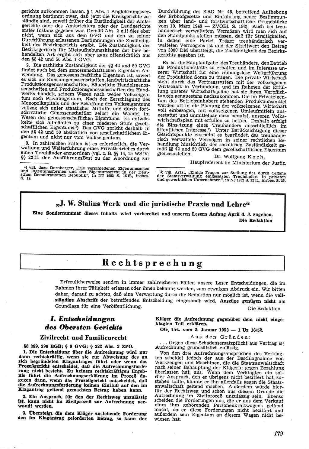 Neue Justiz (NJ), Zeitschrift für Recht und Rechtswissenschaft [Deutsche Demokratische Republik (DDR)], 7. Jahrgang 1953, Seite 179 (NJ DDR 1953, S. 179)