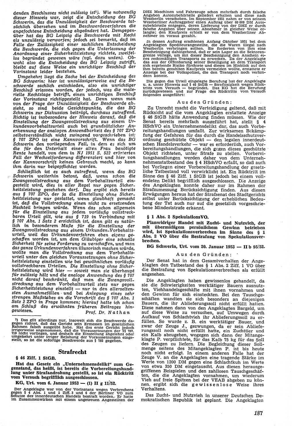 Neue Justiz (NJ), Zeitschrift für Recht und Rechtswissenschaft [Deutsche Demokratische Republik (DDR)], 7. Jahrgang 1953, Seite 187 (NJ DDR 1953, S. 187)