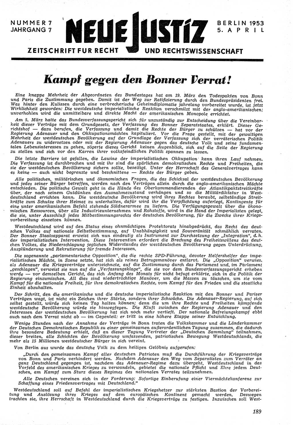 Neue Justiz (NJ), Zeitschrift für Recht und Rechtswissenschaft [Deutsche Demokratische Republik (DDR)], 7. Jahrgang 1953, Seite 189 (NJ DDR 1953, S. 189)