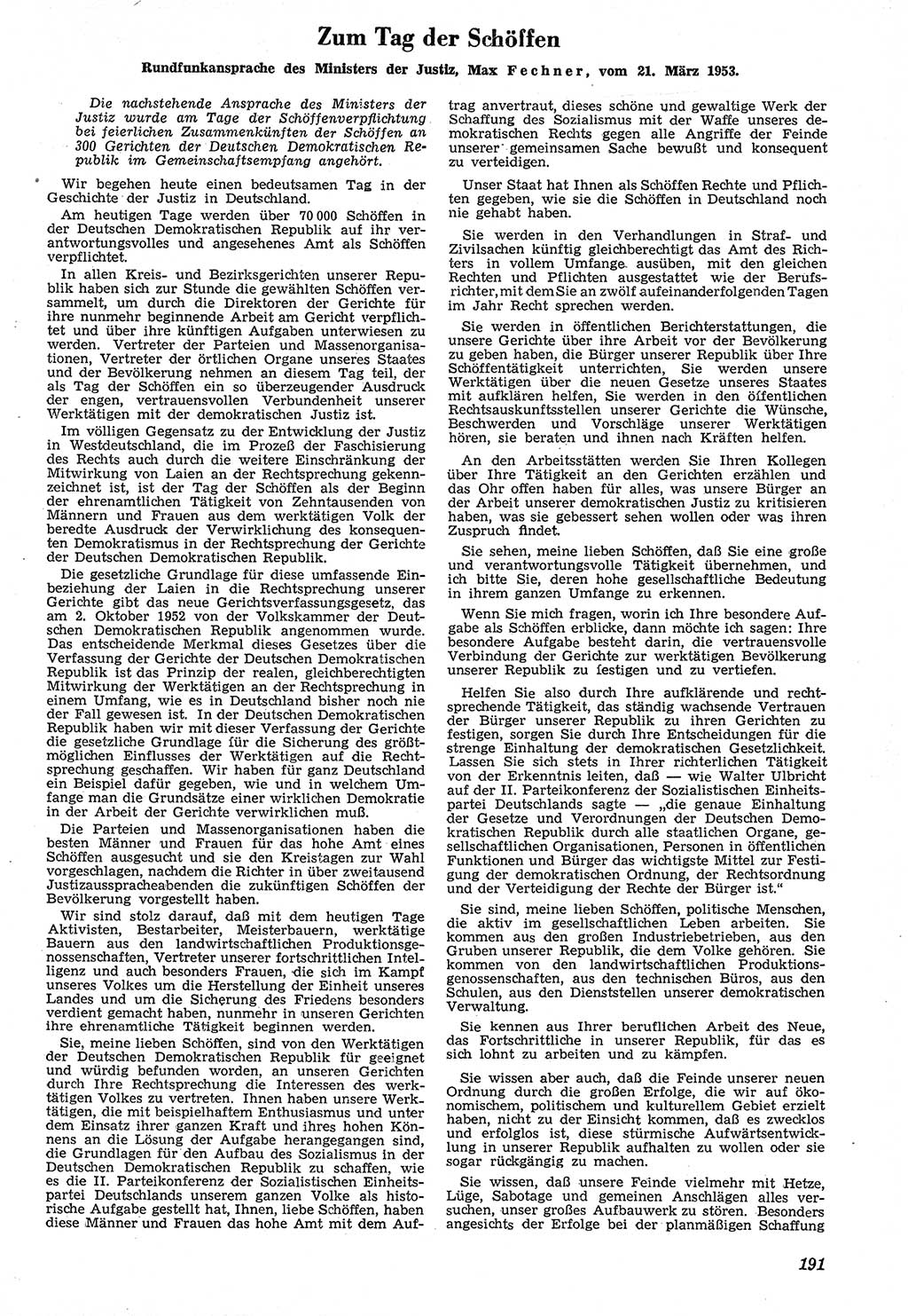 Neue Justiz (NJ), Zeitschrift für Recht und Rechtswissenschaft [Deutsche Demokratische Republik (DDR)], 7. Jahrgang 1953, Seite 191 (NJ DDR 1953, S. 191)