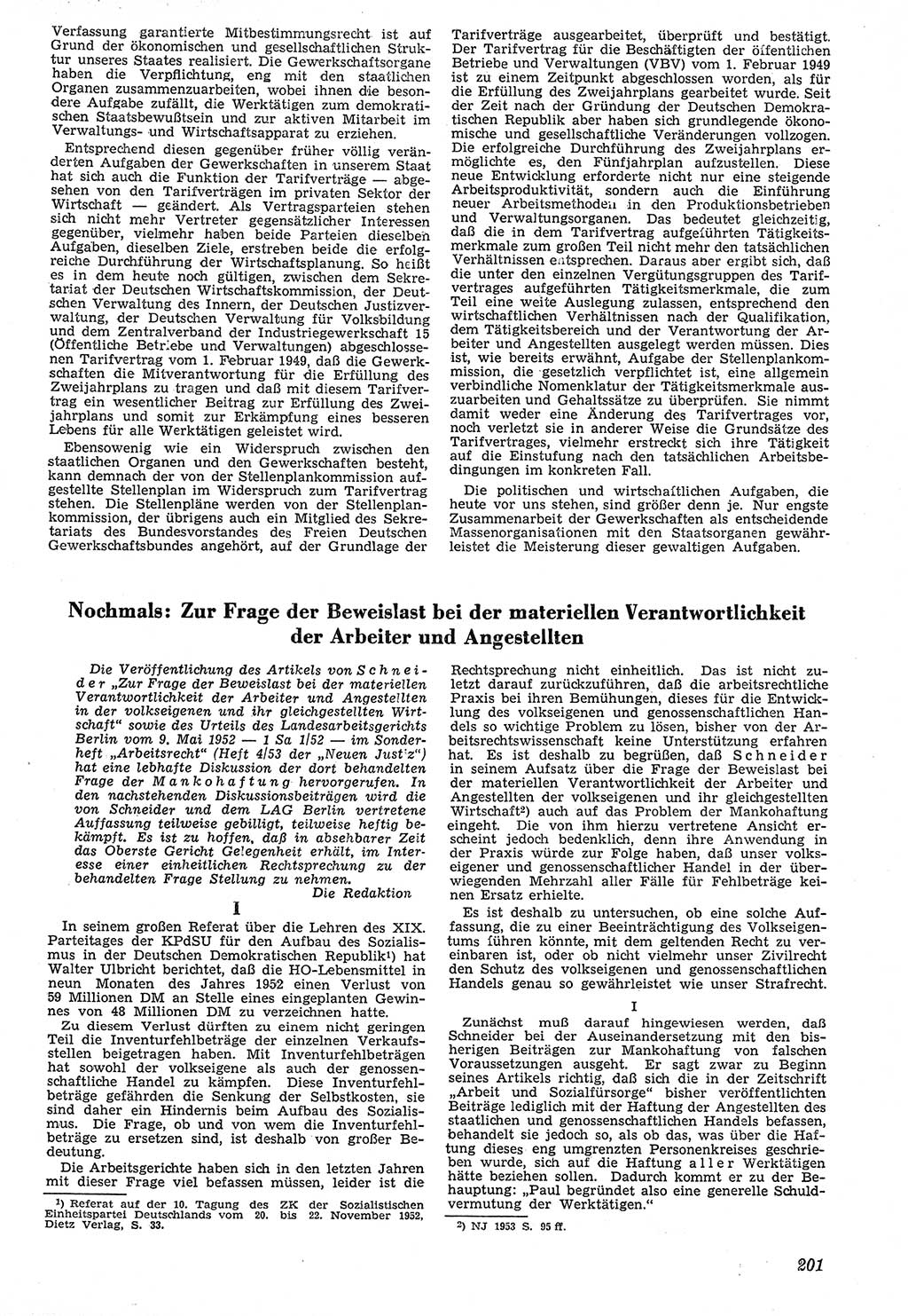 Neue Justiz (NJ), Zeitschrift für Recht und Rechtswissenschaft [Deutsche Demokratische Republik (DDR)], 7. Jahrgang 1953, Seite 201 (NJ DDR 1953, S. 201)