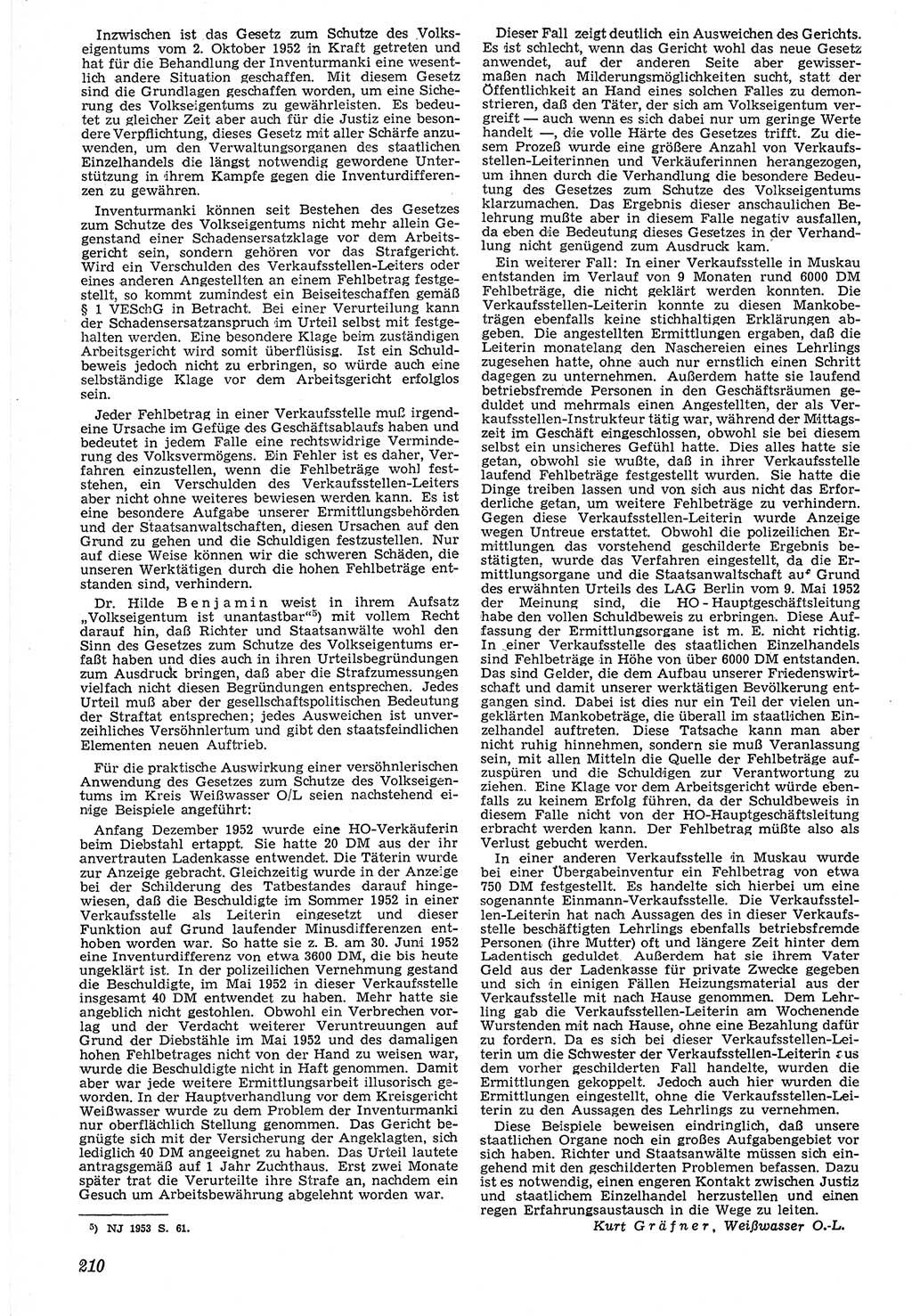 Neue Justiz (NJ), Zeitschrift für Recht und Rechtswissenschaft [Deutsche Demokratische Republik (DDR)], 7. Jahrgang 1953, Seite 210 (NJ DDR 1953, S. 210)