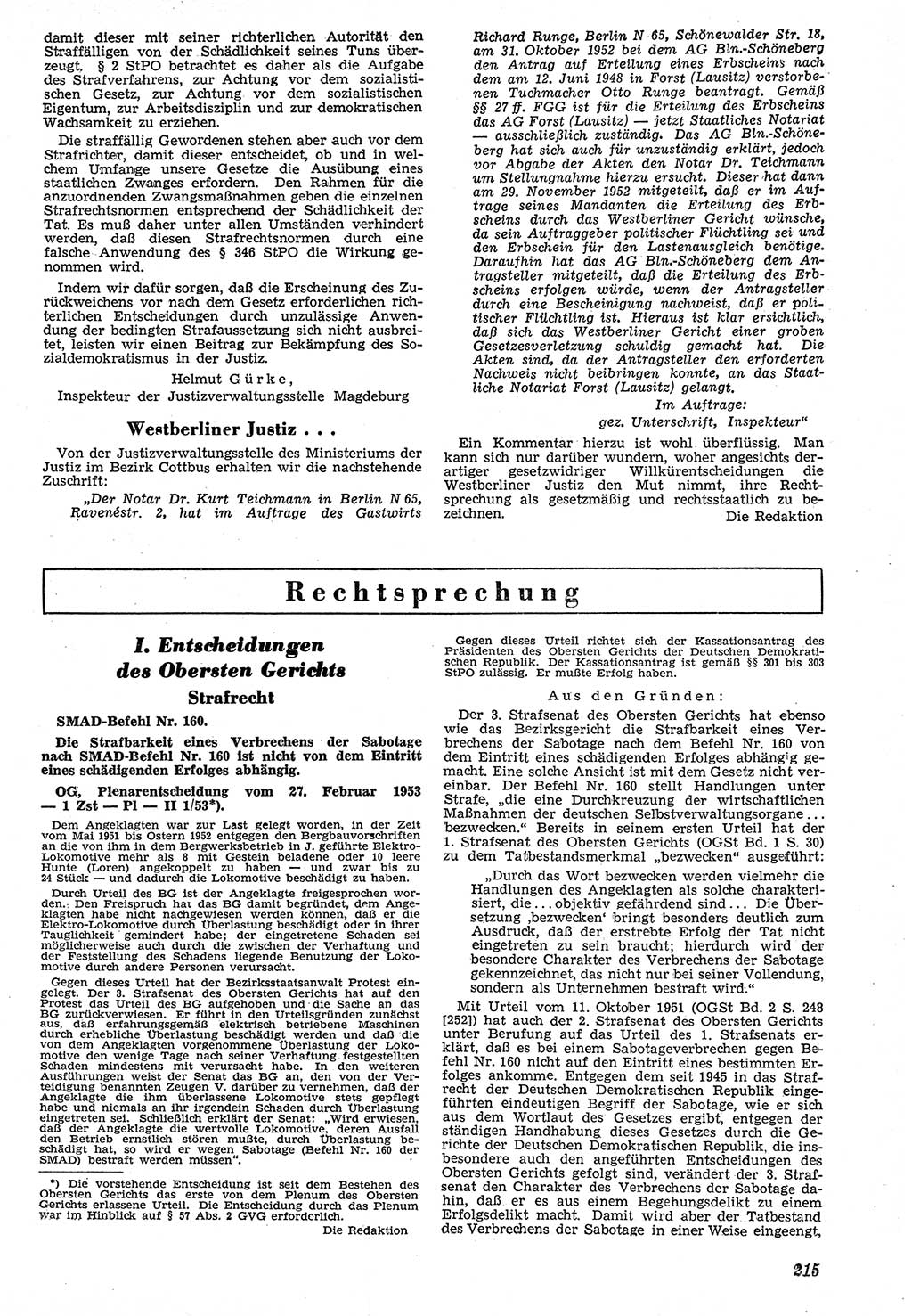 Neue Justiz (NJ), Zeitschrift für Recht und Rechtswissenschaft [Deutsche Demokratische Republik (DDR)], 7. Jahrgang 1953, Seite 215 (NJ DDR 1953, S. 215)