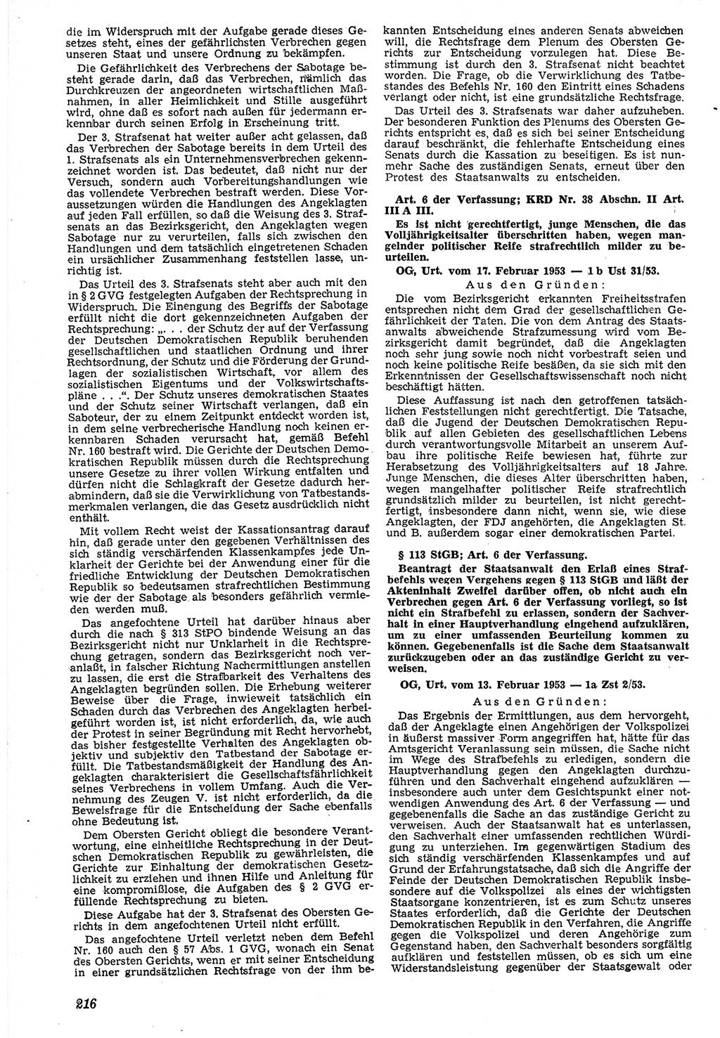 Neue Justiz (NJ), Zeitschrift für Recht und Rechtswissenschaft [Deutsche Demokratische Republik (DDR)], 7. Jahrgang 1953, Seite 216 (NJ DDR 1953, S. 216)