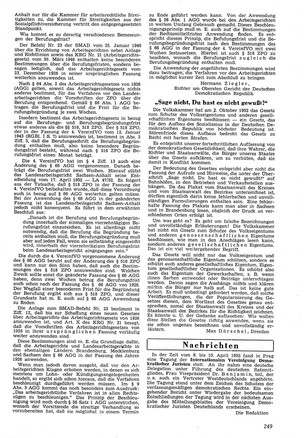 Neue Justiz (NJ), Zeitschrift für Recht und Rechtswissenschaft [Deutsche Demokratische Republik (DDR)], 7. Jahrgang 1953, Seite 249 (NJ DDR 1953, S. 249)