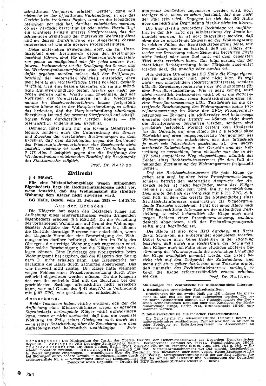 Neue Justiz (NJ), Zeitschrift für Recht und Rechtswissenschaft [Deutsche Demokratische Republik (DDR)], 7. Jahrgang 1953, Seite 256 (NJ DDR 1953, S. 256)