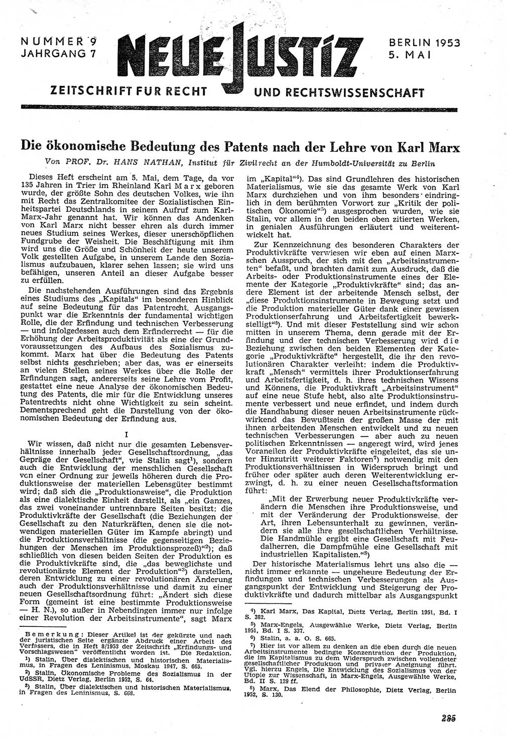 Neue Justiz (NJ), Zeitschrift für Recht und Rechtswissenschaft [Deutsche Demokratische Republik (DDR)], 7. Jahrgang 1953, Seite 285 (NJ DDR 1953, S. 285)