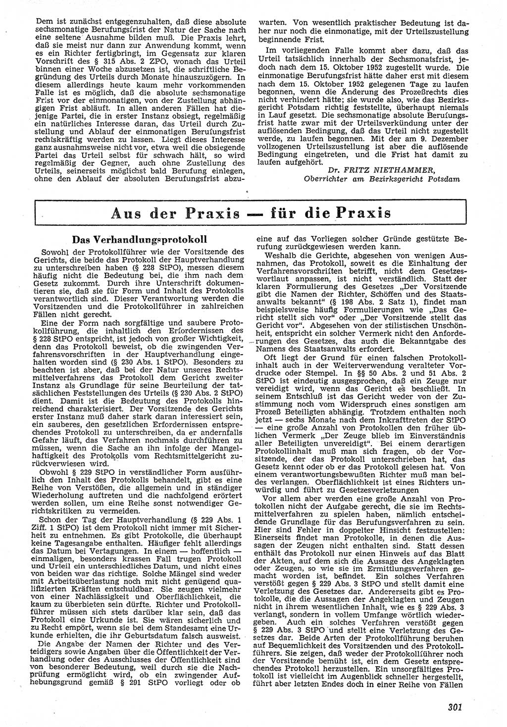 Neue Justiz (NJ), Zeitschrift für Recht und Rechtswissenschaft [Deutsche Demokratische Republik (DDR)], 7. Jahrgang 1953, Seite 301 (NJ DDR 1953, S. 301)