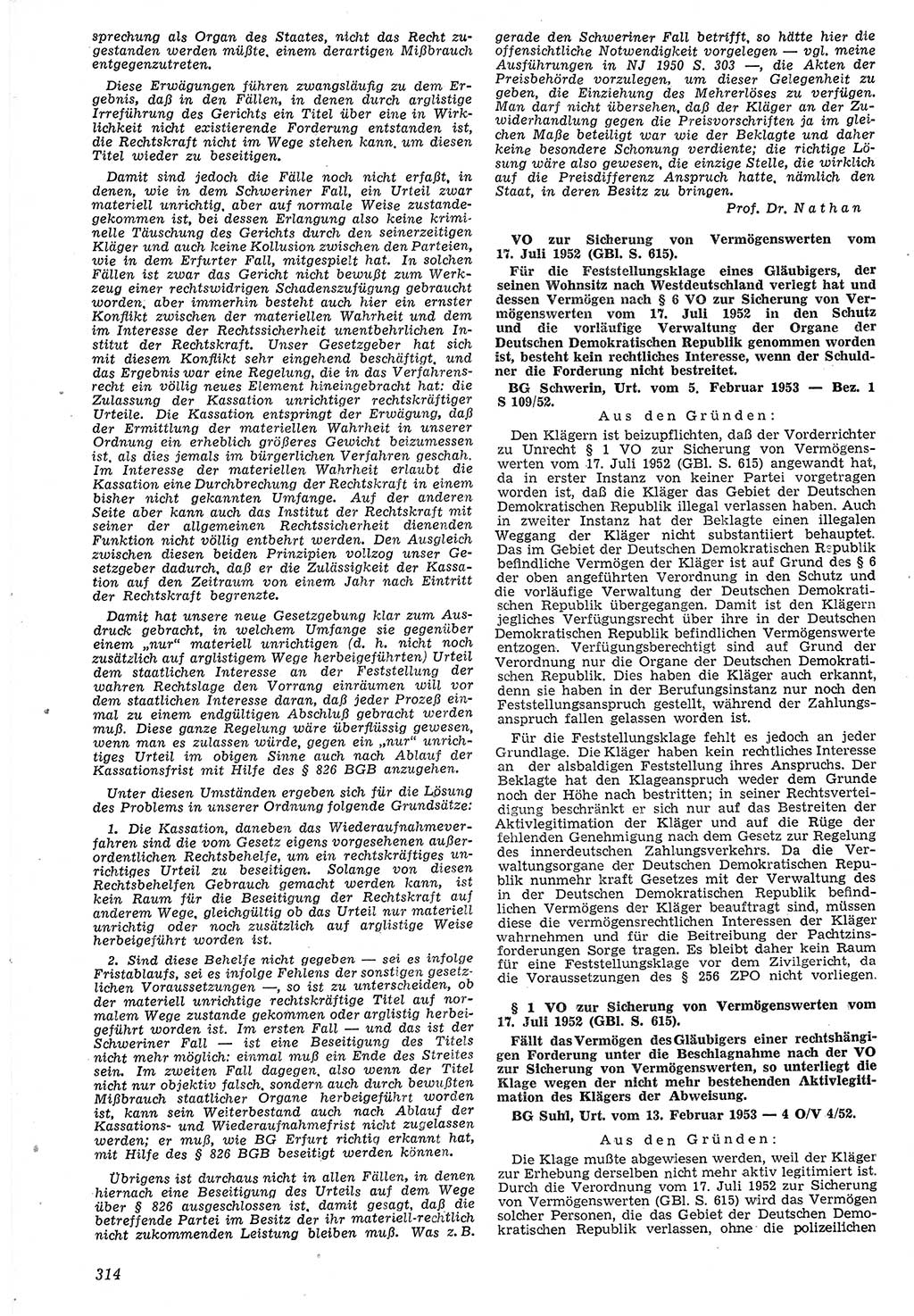 Neue Justiz (NJ), Zeitschrift für Recht und Rechtswissenschaft [Deutsche Demokratische Republik (DDR)], 7. Jahrgang 1953, Seite 314 (NJ DDR 1953, S. 314)