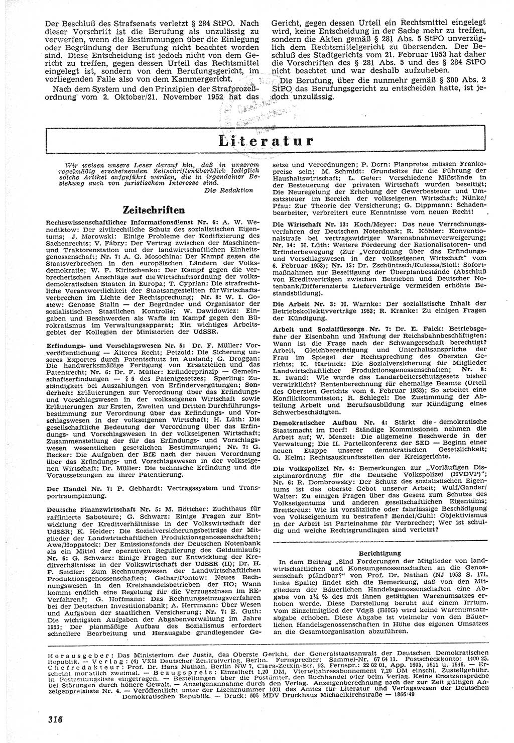 Neue Justiz (NJ), Zeitschrift für Recht und Rechtswissenschaft [Deutsche Demokratische Republik (DDR)], 7. Jahrgang 1953, Seite 316 (NJ DDR 1953, S. 316)
