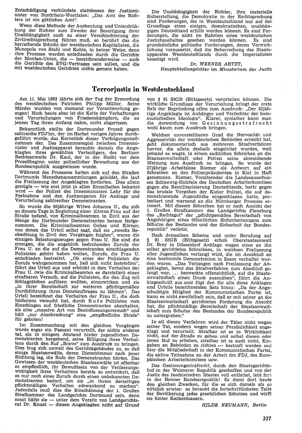 Neue Justiz (NJ), Zeitschrift für Recht und Rechtswissenschaft [Deutsche Demokratische Republik (DDR)], 7. Jahrgang 1953, Seite 337 (NJ DDR 1953, S. 337)