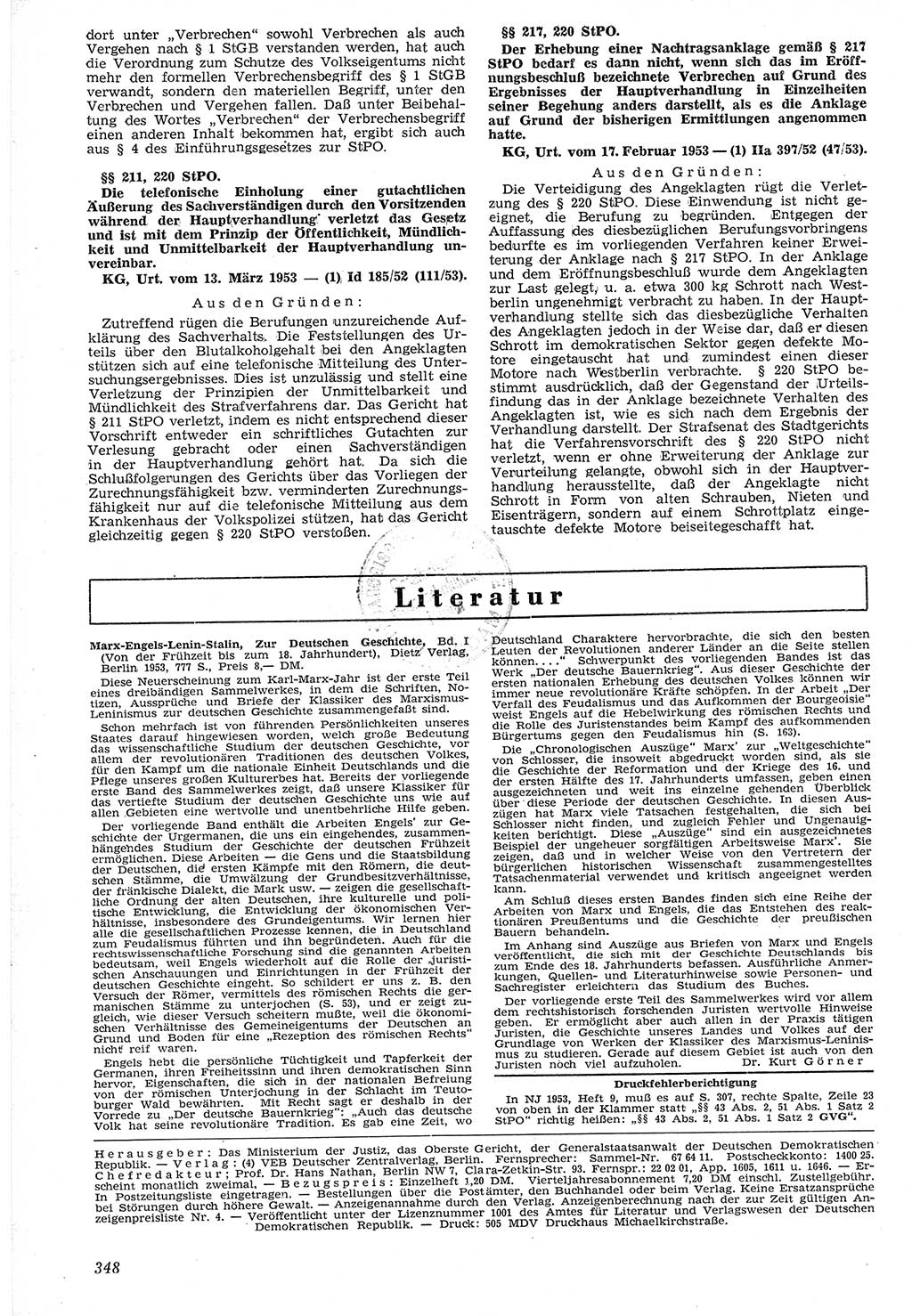 Neue Justiz (NJ), Zeitschrift für Recht und Rechtswissenschaft [Deutsche Demokratische Republik (DDR)], 7. Jahrgang 1953, Seite 348 (NJ DDR 1953, S. 348)
