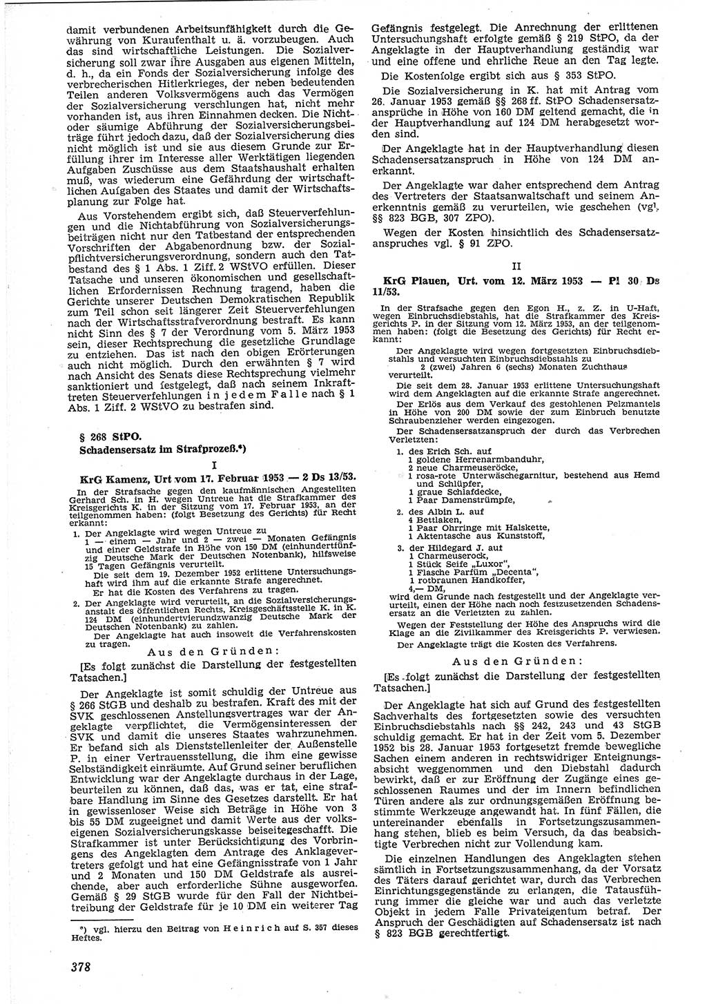Neue Justiz (NJ), Zeitschrift für Recht und Rechtswissenschaft [Deutsche Demokratische Republik (DDR)], 7. Jahrgang 1953, Seite 378 (NJ DDR 1953, S. 378)