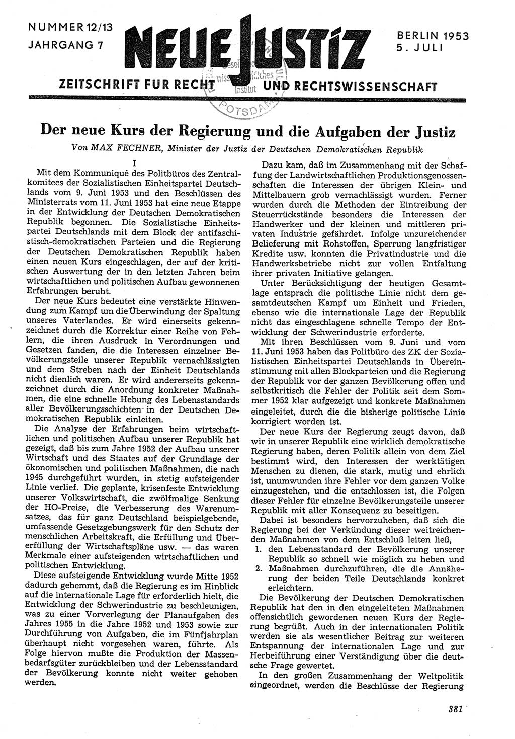 Neue Justiz (NJ), Zeitschrift für Recht und Rechtswissenschaft [Deutsche Demokratische Republik (DDR)], 7. Jahrgang 1953, Seite 381 (NJ DDR 1953, S. 381)