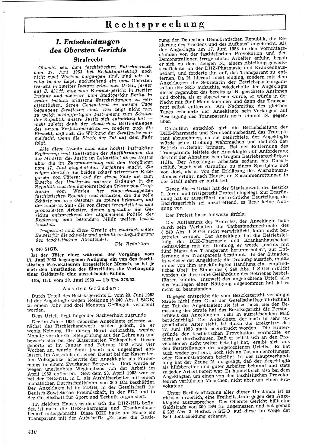 Neue Justiz (NJ), Zeitschrift für Recht und Rechtswissenschaft [Deutsche Demokratische Republik (DDR)], 7. Jahrgang 1953, Seite 410 (NJ DDR 1953, S. 410)