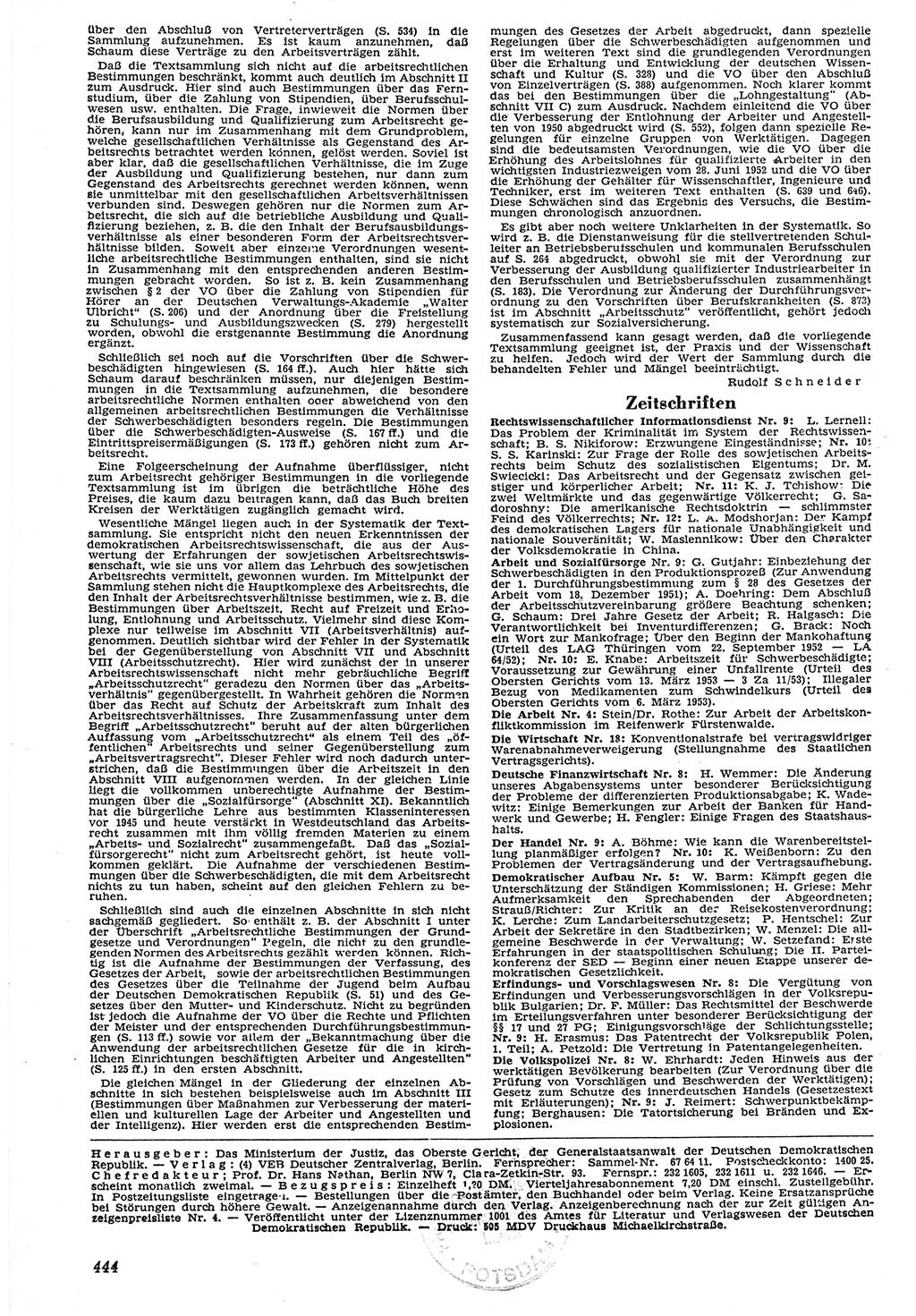 Neue Justiz (NJ), Zeitschrift für Recht und Rechtswissenschaft [Deutsche Demokratische Republik (DDR)], 7. Jahrgang 1953, Seite 444 (NJ DDR 1953, S. 444)