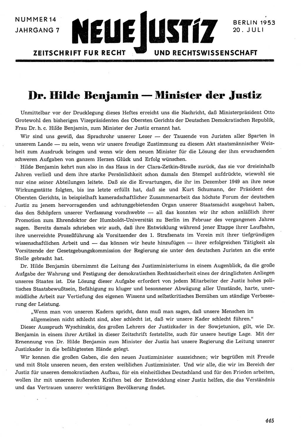 Neue Justiz (NJ), Zeitschrift für Recht und Rechtswissenschaft [Deutsche Demokratische Republik (DDR)], 7. Jahrgang 1953, Seite 445 (NJ DDR 1953, S. 445)