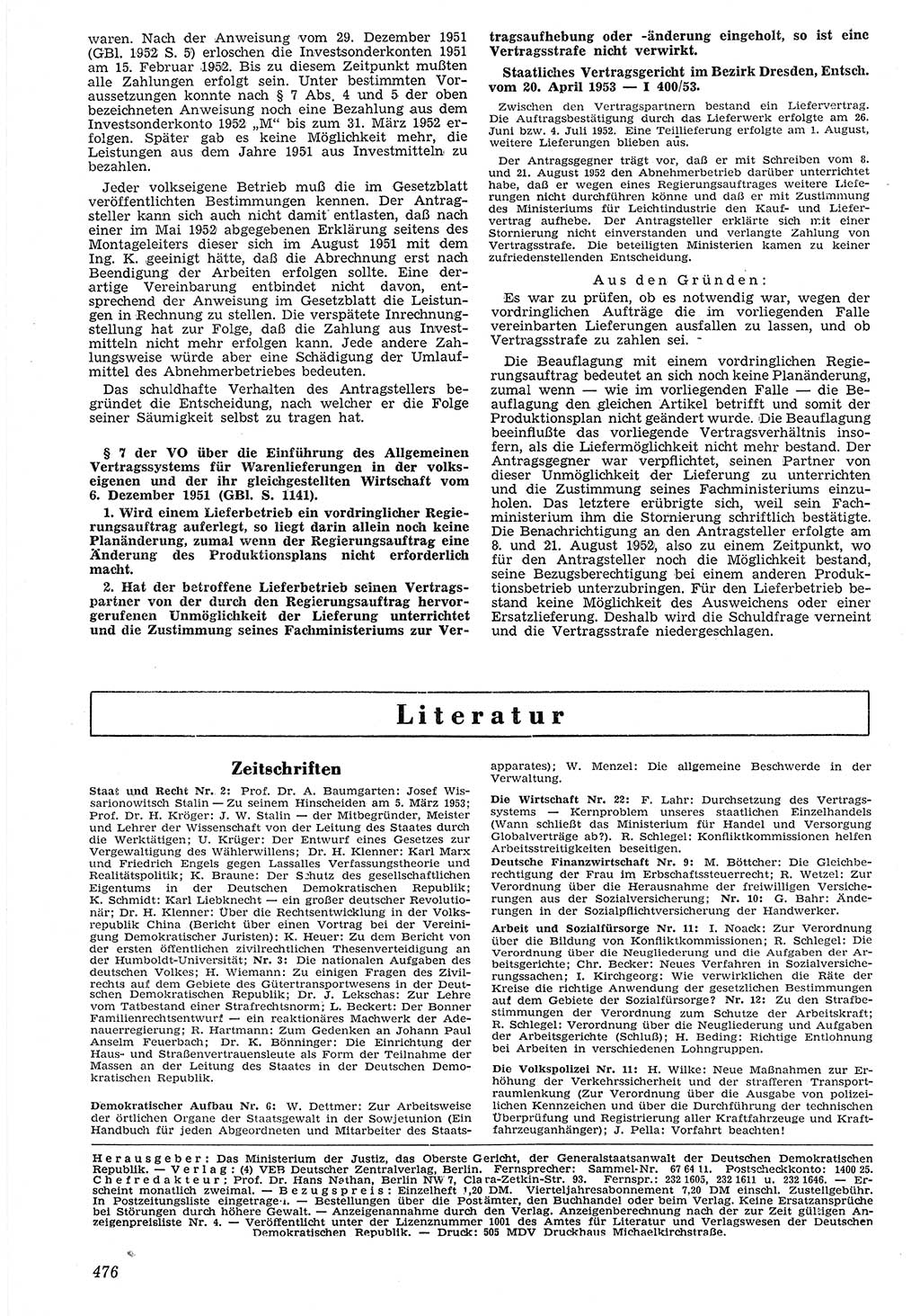 Neue Justiz (NJ), Zeitschrift für Recht und Rechtswissenschaft [Deutsche Demokratische Republik (DDR)], 7. Jahrgang 1953, Seite 476 (NJ DDR 1953, S. 476)