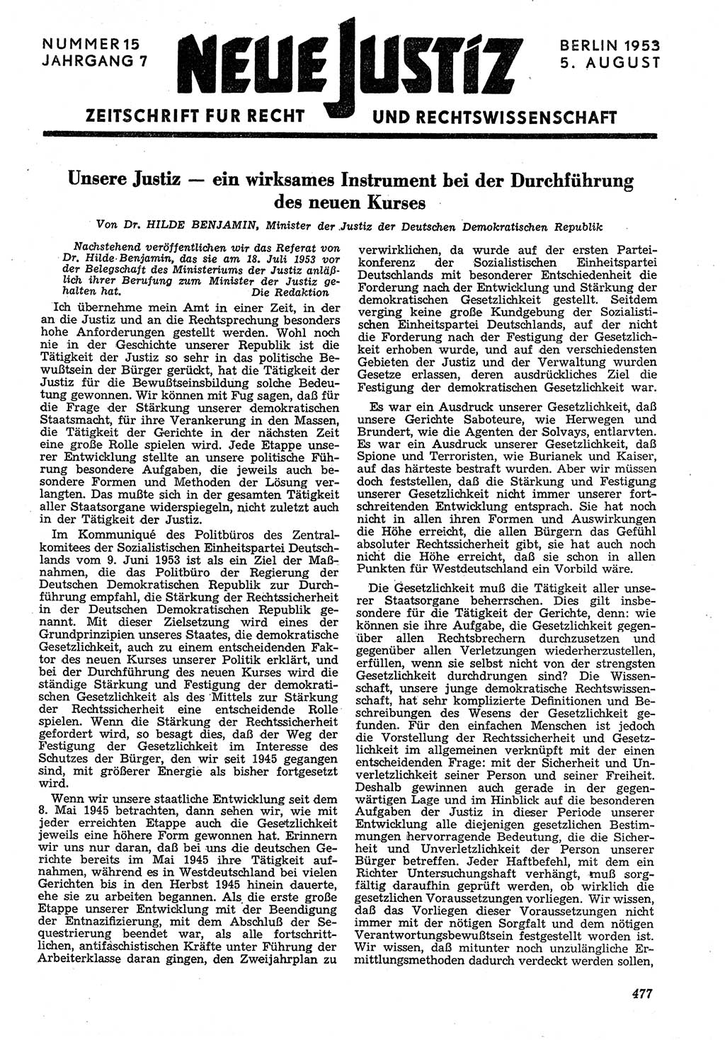 Neue Justiz (NJ), Zeitschrift für Recht und Rechtswissenschaft [Deutsche Demokratische Republik (DDR)], 7. Jahrgang 1953, Seite 477 (NJ DDR 1953, S. 477)