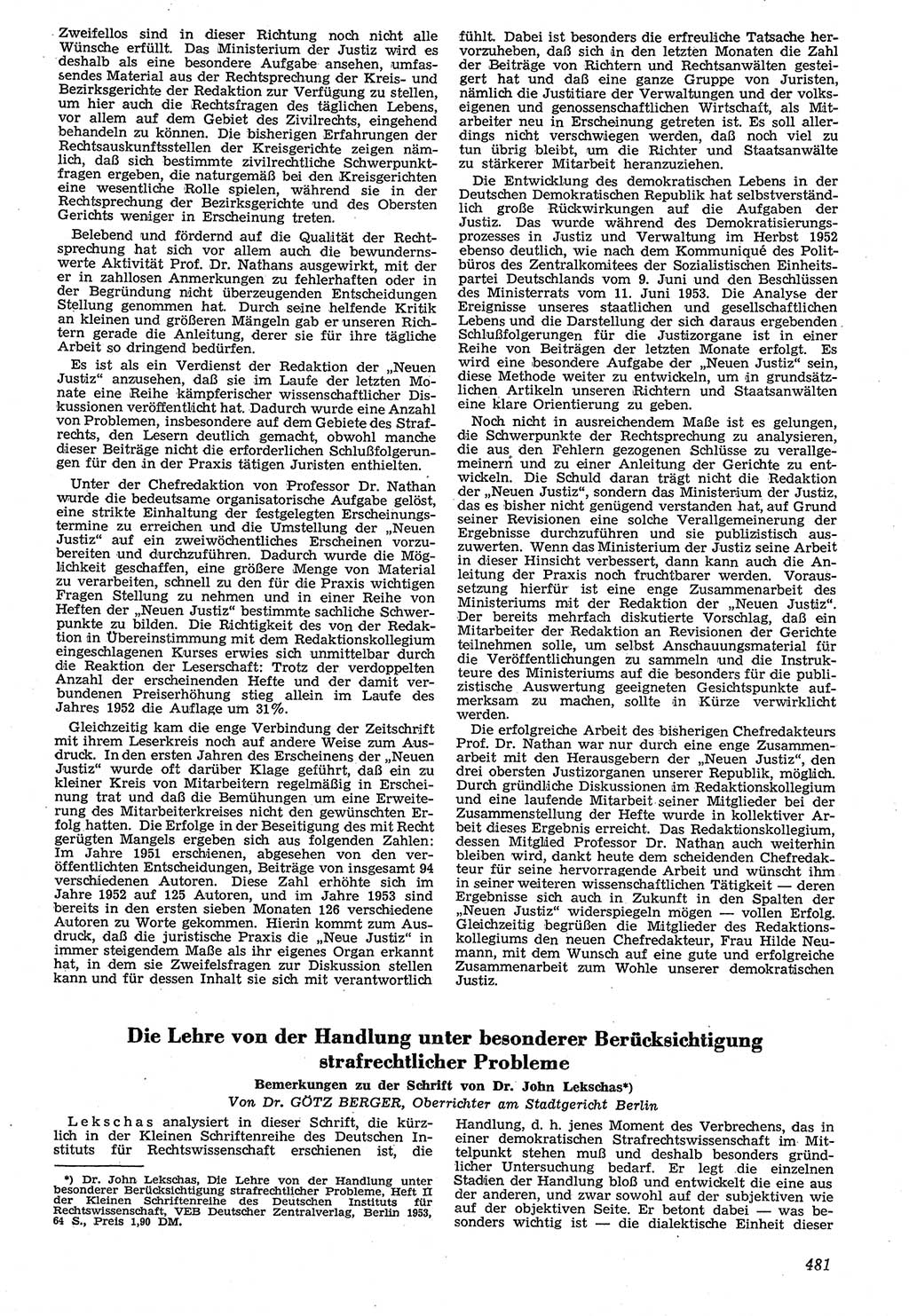 Neue Justiz (NJ), Zeitschrift für Recht und Rechtswissenschaft [Deutsche Demokratische Republik (DDR)], 7. Jahrgang 1953, Seite 481 (NJ DDR 1953, S. 481)