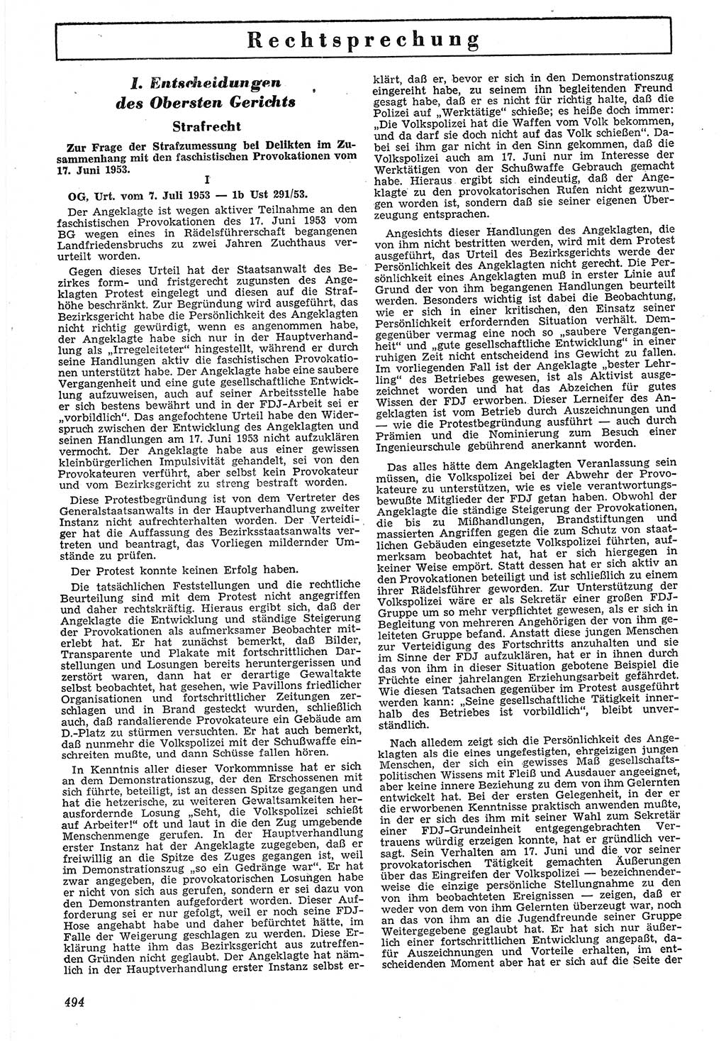 Neue Justiz (NJ), Zeitschrift für Recht und Rechtswissenschaft [Deutsche Demokratische Republik (DDR)], 7. Jahrgang 1953, Seite 494 (NJ DDR 1953, S. 494)