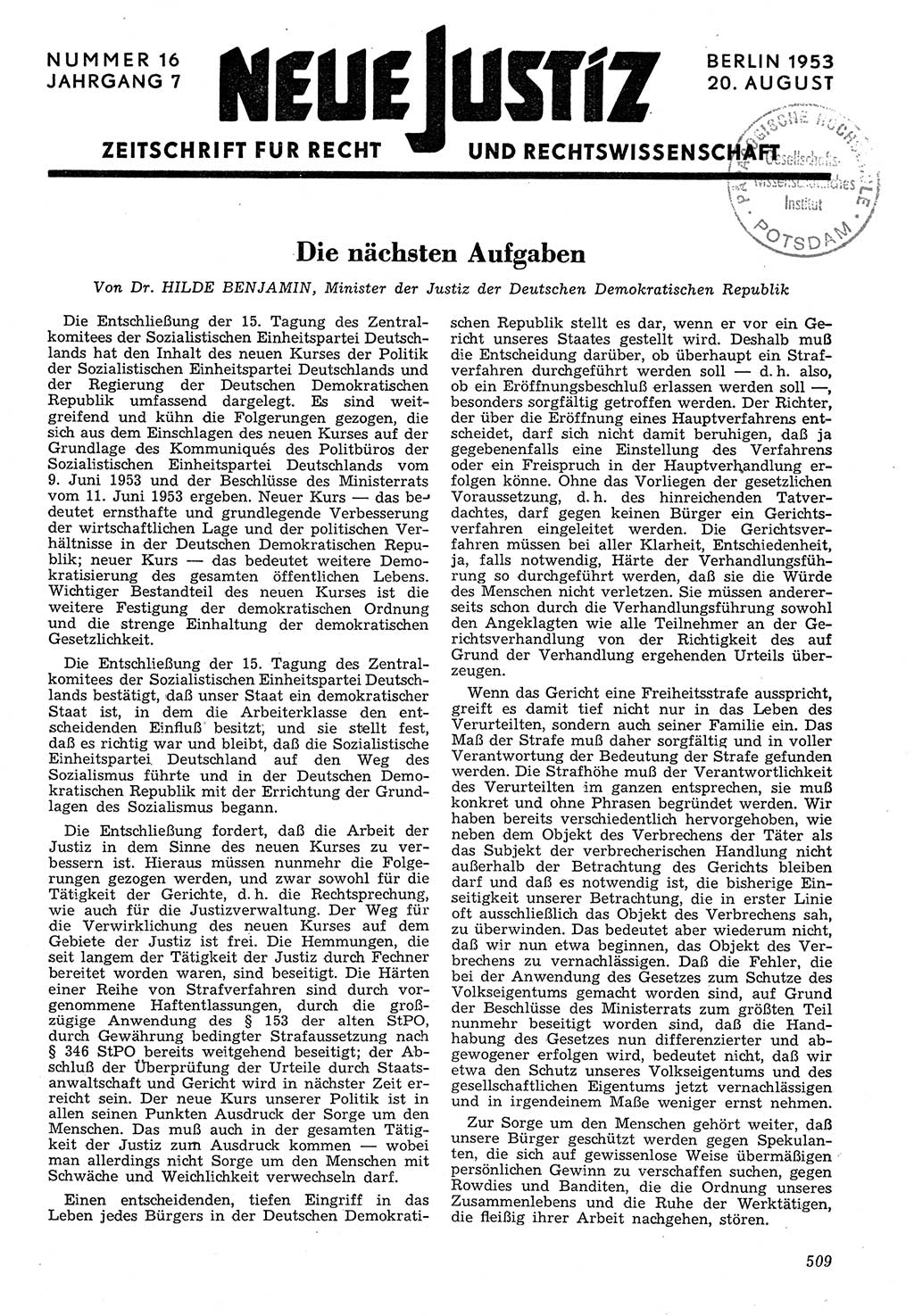 Neue Justiz (NJ), Zeitschrift für Recht und Rechtswissenschaft [Deutsche Demokratische Republik (DDR)], 7. Jahrgang 1953, Seite 509 (NJ DDR 1953, S. 509)