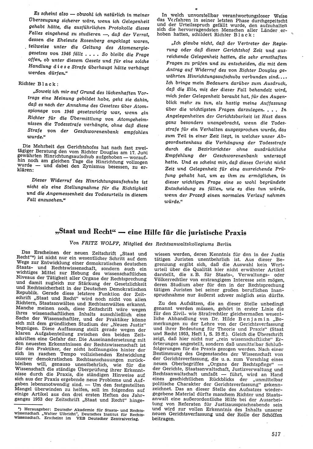 Neue Justiz (NJ), Zeitschrift für Recht und Rechtswissenschaft [Deutsche Demokratische Republik (DDR)], 7. Jahrgang 1953, Seite 517 (NJ DDR 1953, S. 517)