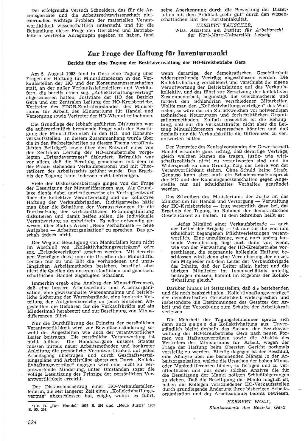 Neue Justiz (NJ), Zeitschrift für Recht und Rechtswissenschaft [Deutsche Demokratische Republik (DDR)], 7. Jahrgang 1953, Seite 524 (NJ DDR 1953, S. 524)