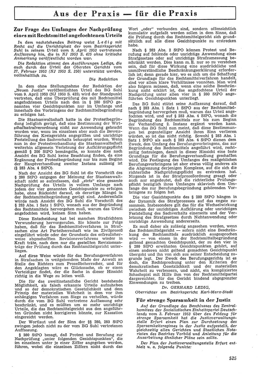 Neue Justiz (NJ), Zeitschrift für Recht und Rechtswissenschaft [Deutsche Demokratische Republik (DDR)], 7. Jahrgang 1953, Seite 525 (NJ DDR 1953, S. 525)