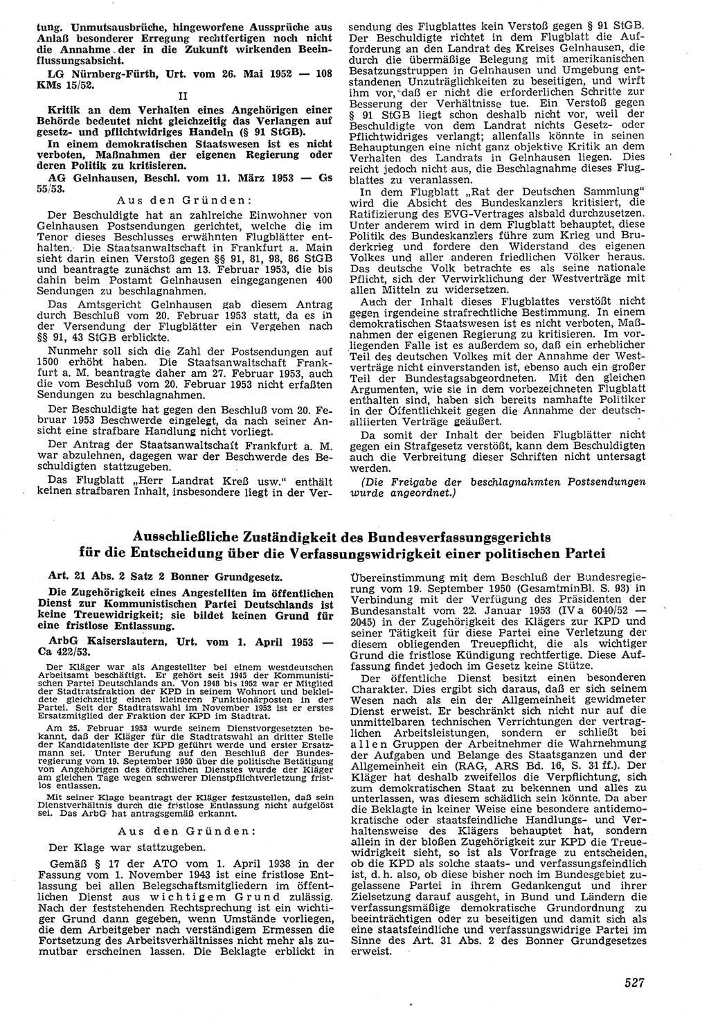 Neue Justiz (NJ), Zeitschrift für Recht und Rechtswissenschaft [Deutsche Demokratische Republik (DDR)], 7. Jahrgang 1953, Seite 527 (NJ DDR 1953, S. 527)