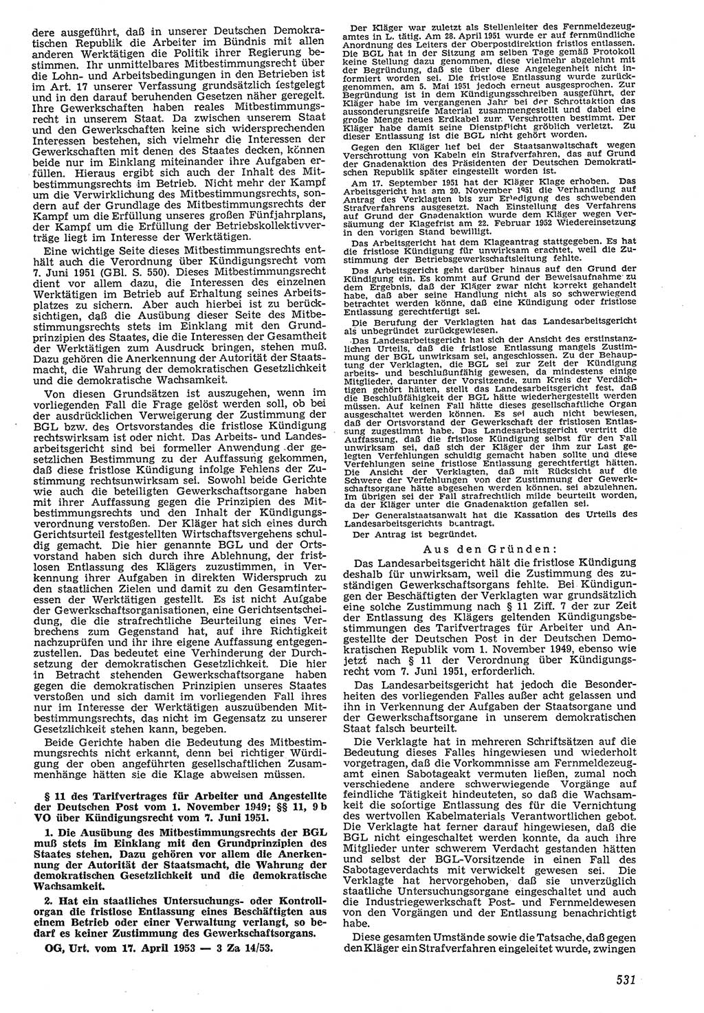Neue Justiz (NJ), Zeitschrift für Recht und Rechtswissenschaft [Deutsche Demokratische Republik (DDR)], 7. Jahrgang 1953, Seite 531 (NJ DDR 1953, S. 531)