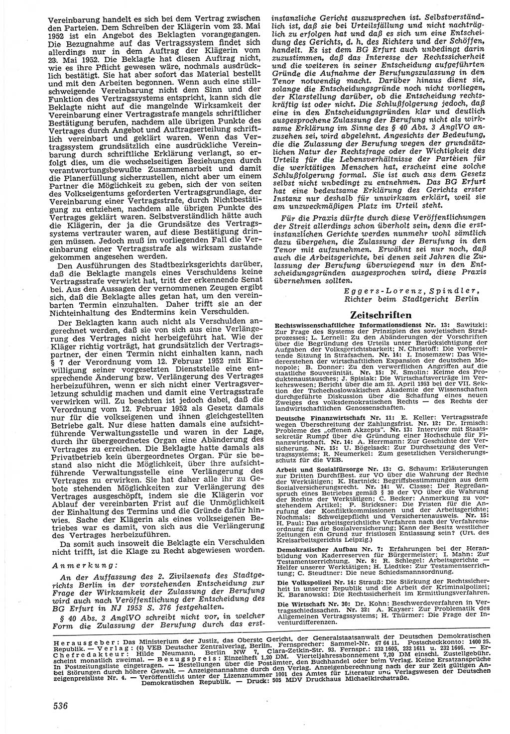 Neue Justiz (NJ), Zeitschrift für Recht und Rechtswissenschaft [Deutsche Demokratische Republik (DDR)], 7. Jahrgang 1953, Seite 536 (NJ DDR 1953, S. 536)