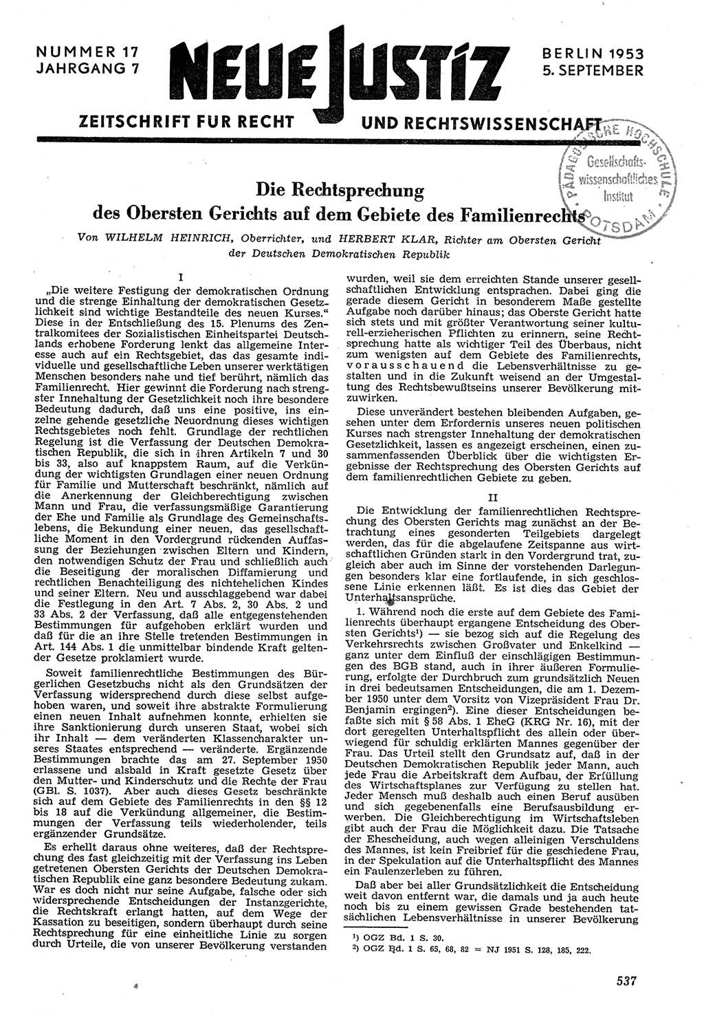 Neue Justiz (NJ), Zeitschrift für Recht und Rechtswissenschaft [Deutsche Demokratische Republik (DDR)], 7. Jahrgang 1953, Seite 537 (NJ DDR 1953, S. 537)